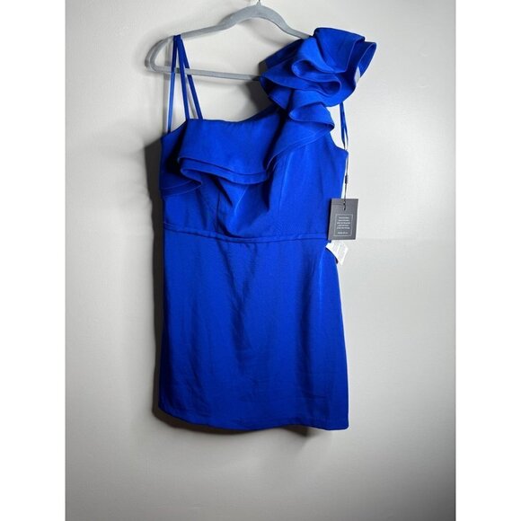Mac Duggal Royal Blue One Shoulder Ruffle Mini Dress Size 10 - Picture 4 of 5